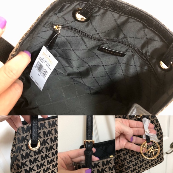 MK Michael Kors Jet Set Grab Bag Purse Beige Black - Picture 8 of 8